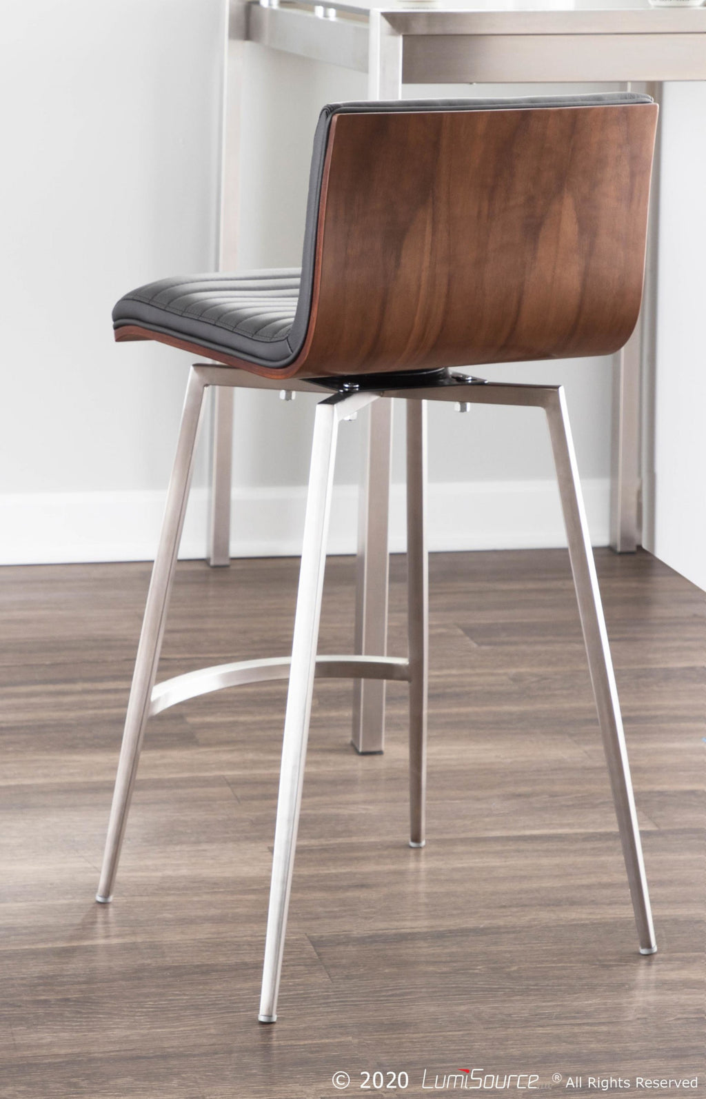 Mason 26" Fixed-Height Counter Stool - Set of 2 - Stainless Steel, Walnut Wood, Black PU