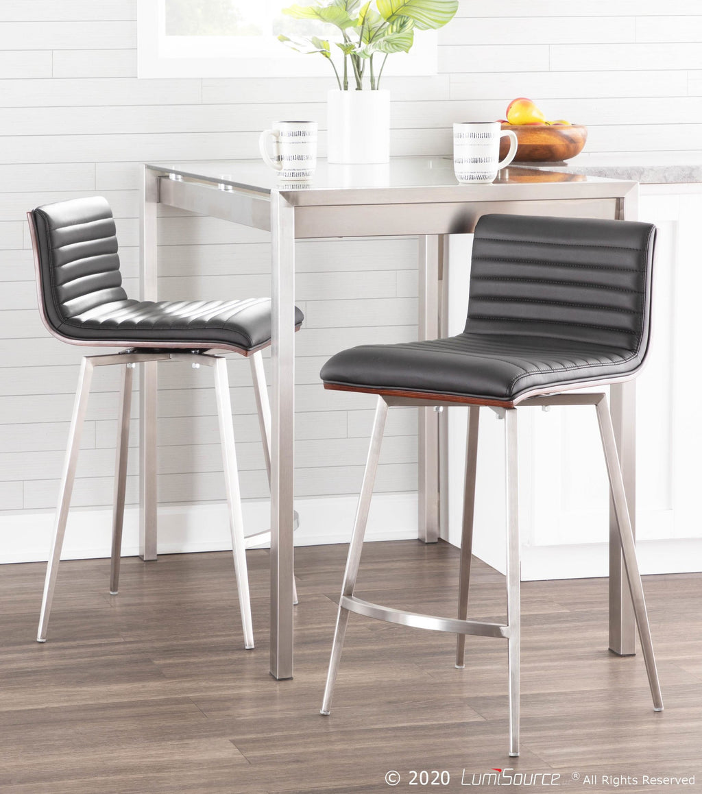 Mason 26" Fixed-Height Counter Stool - Set of 2 - Stainless Steel, Walnut Wood, Black PU