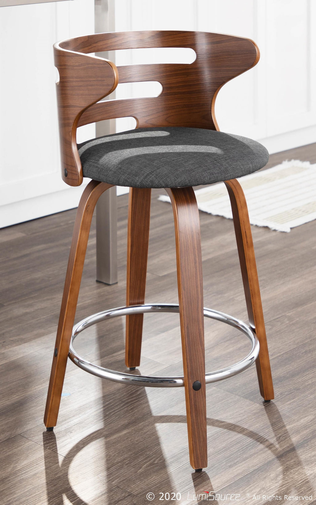 Cosini 24" Fixed-Height Counter Stool - Set of 2 - Walnut Wood, Charcoal Fabric, Chrome