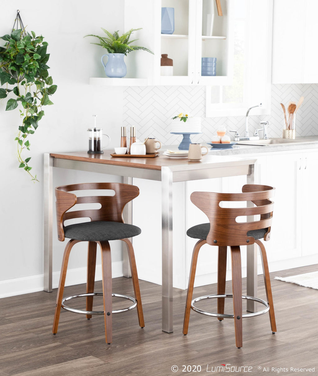 Cosini 24" Fixed-Height Counter Stool - Set of 2 - Walnut Wood, Charcoal Fabric, Chrome