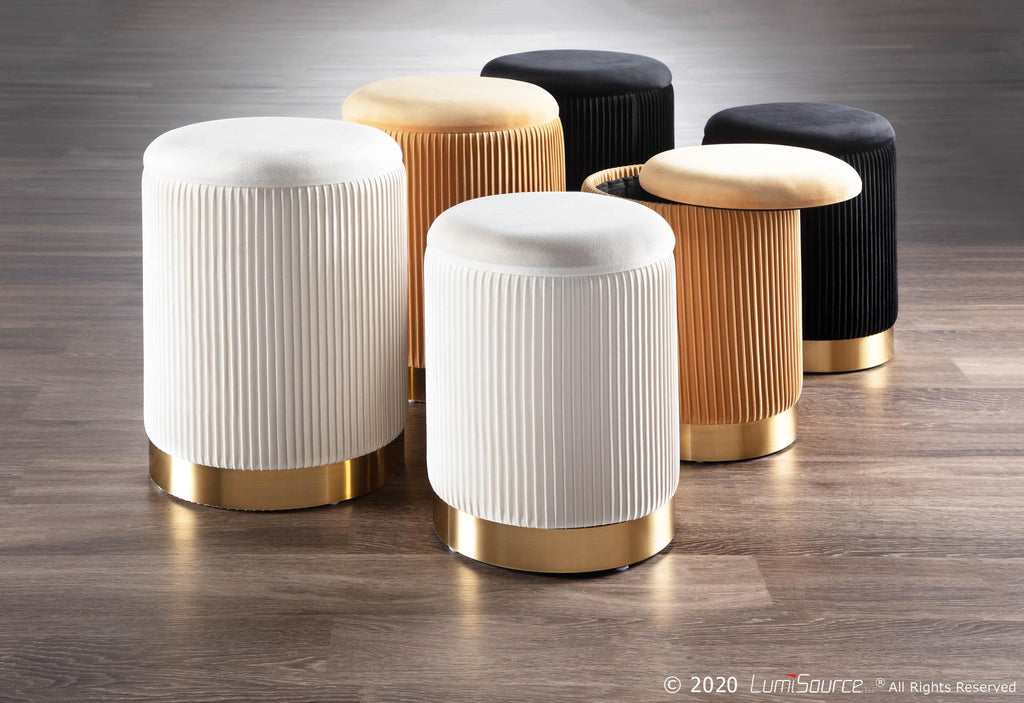 Marla Nesting Pleated Ottoman Set - Gold Metal, Orange Velvet