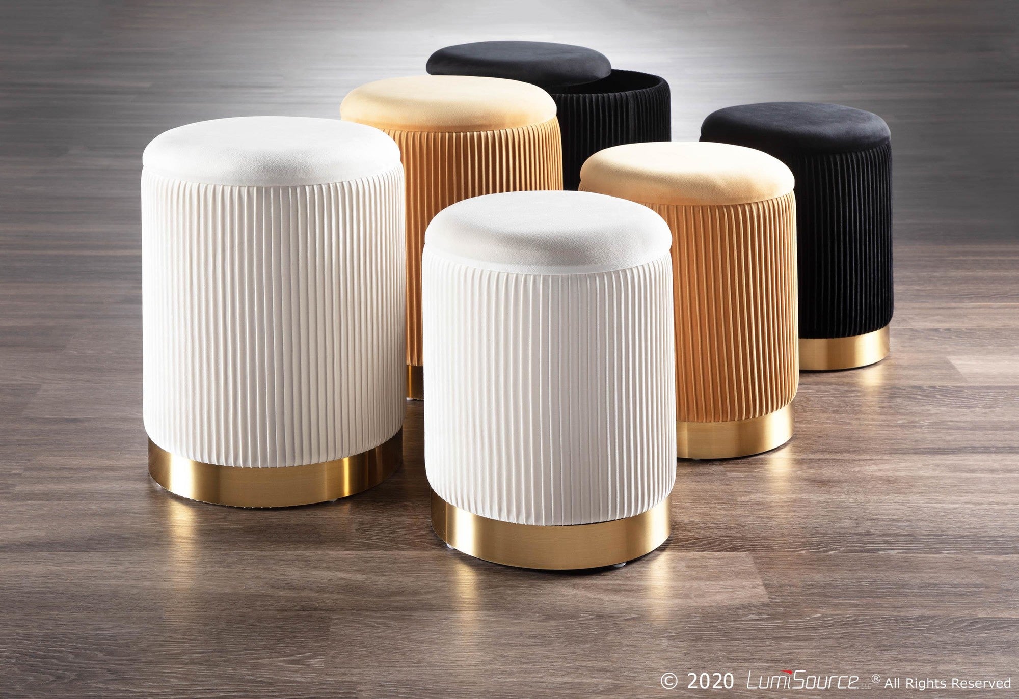 Marla Nesting Pleated Ottoman Set - Gold Metal, Orange Velvet