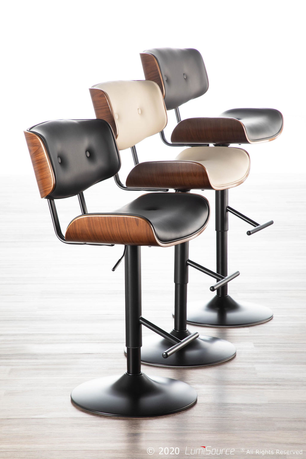 Lombardi Adjustable Barstool - Black Metal, Walnut Wood, Cream PU