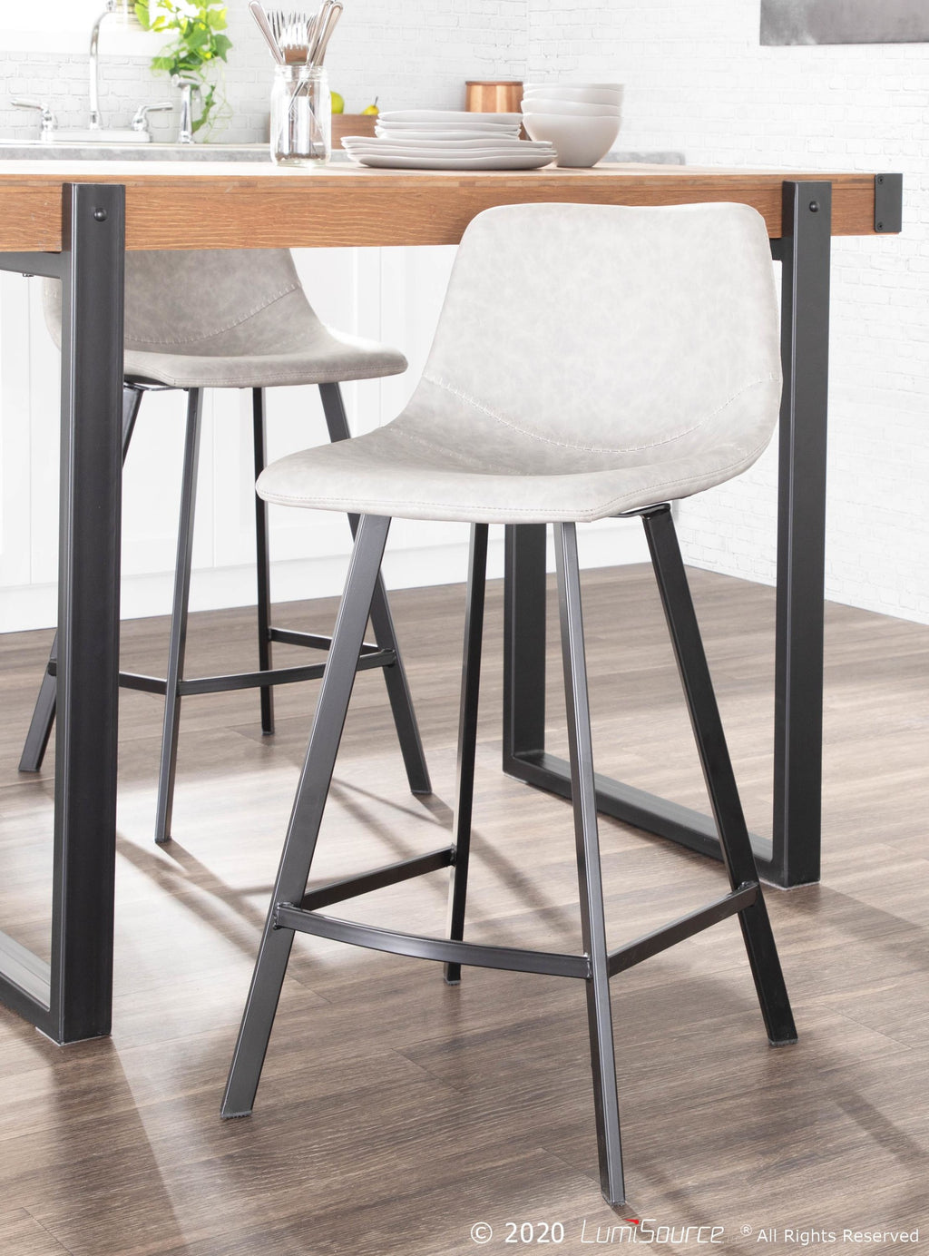 Outlaw 26" Fixed-Height Counter Stool - Set of 2 - Black Metal, Grey PU