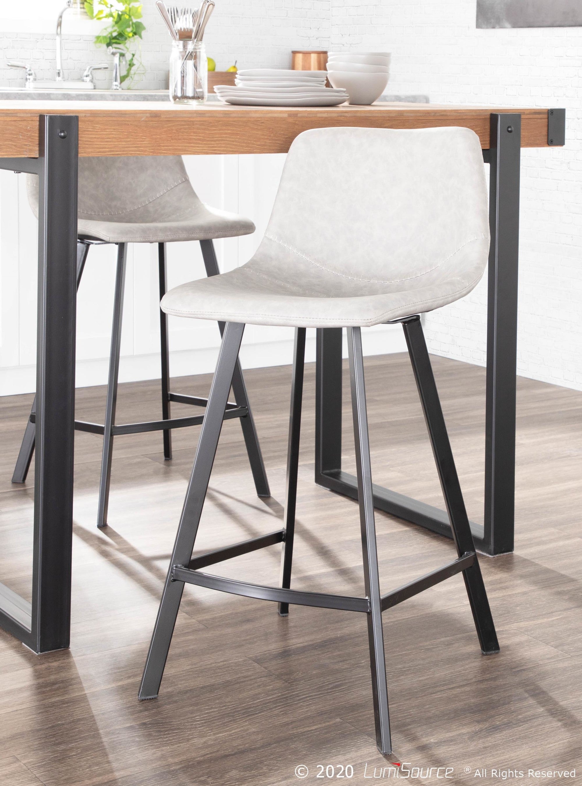 Outlaw 26" Fixed-Height Counter Stool - Set of 2 - Black Metal, Grey PU