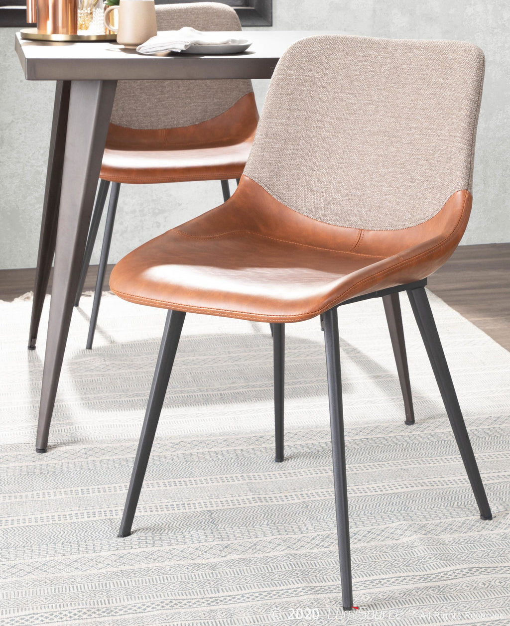 Outlaw Two-tone Chair - Set of 2 - Black Metal, Espresso PU, Brown Fabric