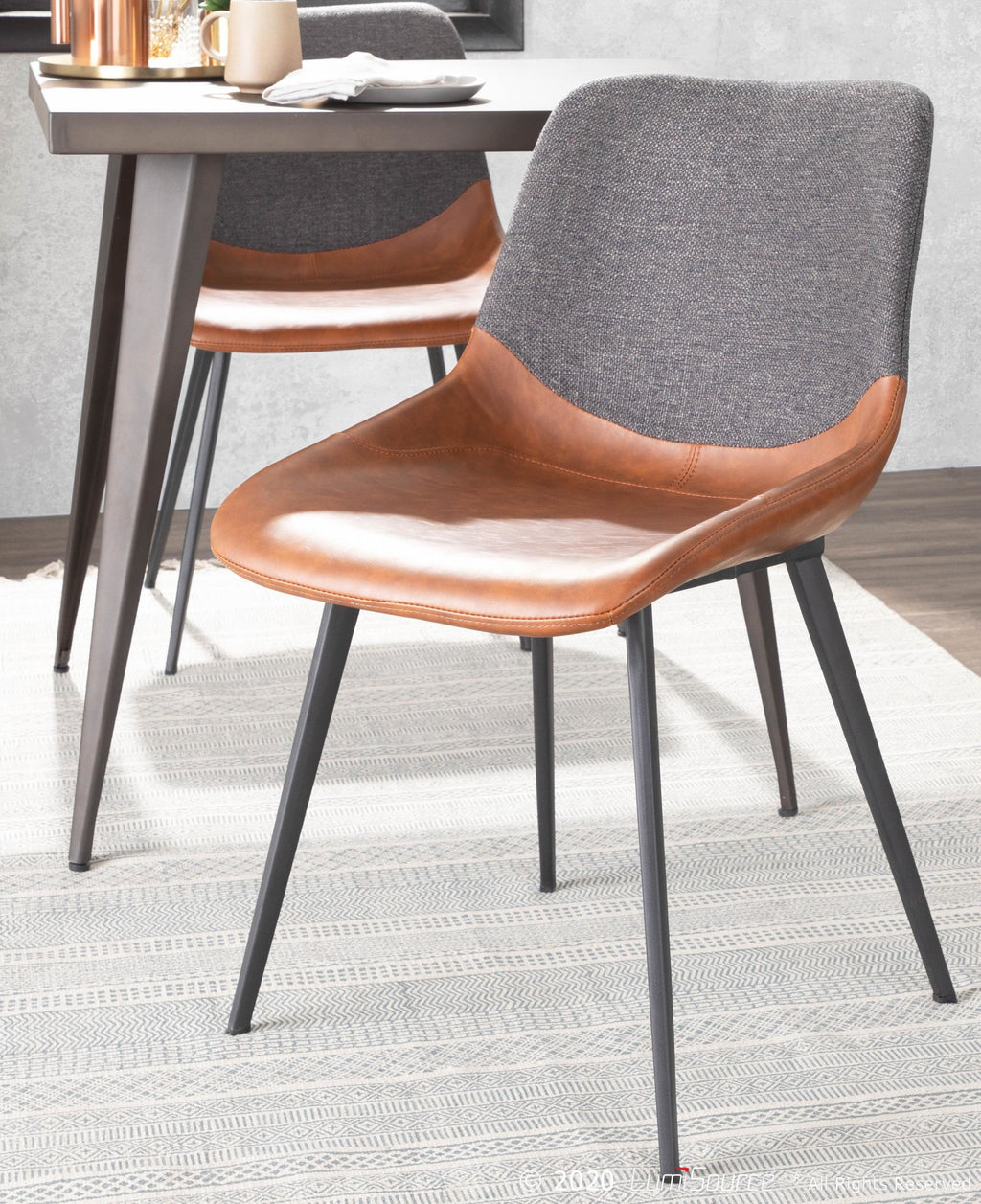 Outlaw Two-tone Chair - Set of 2 - Black Metal, Brown PU, Grey Fabric
