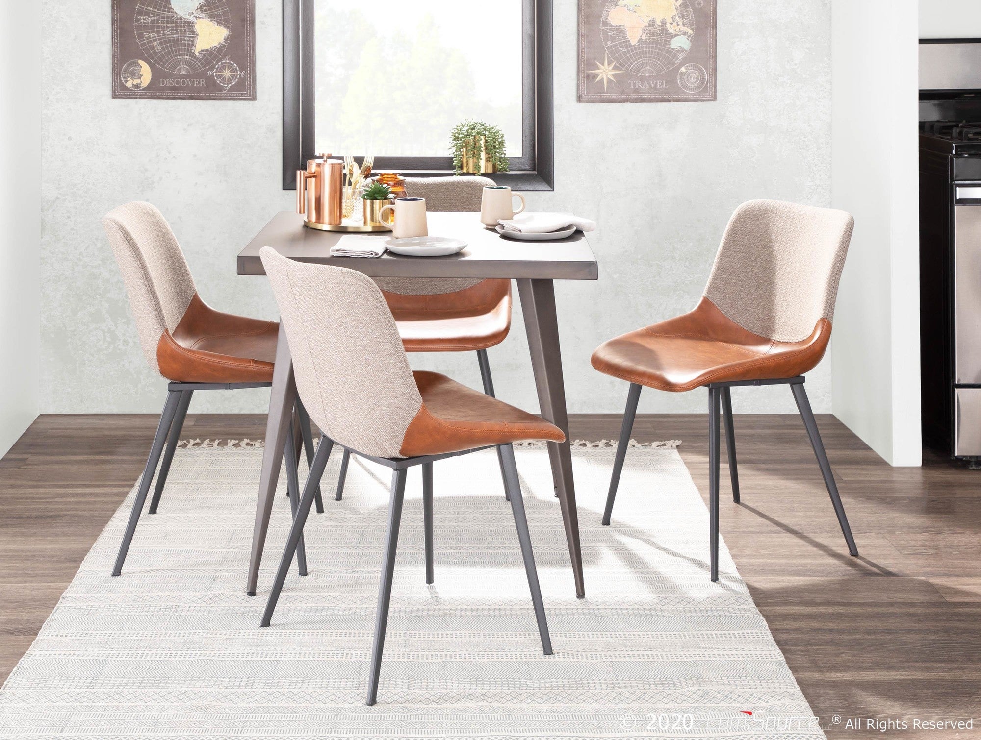 Outlaw Two-tone Chair - Set of 2 - Black Metal, Espresso PU, Brown Fabric