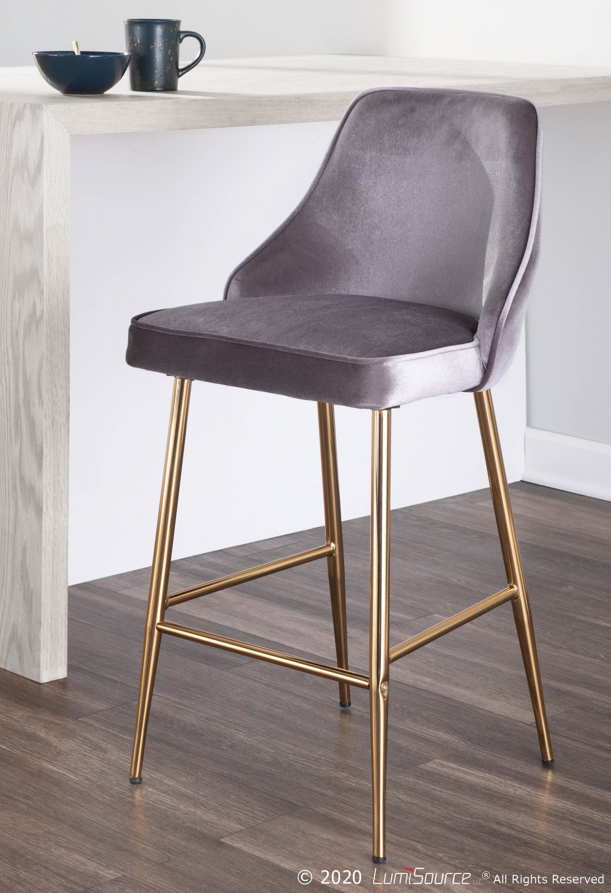 Marcel 25" Fixed-Height Counter Stool - Set of 2 - Gold Metal, Silver Velvet
