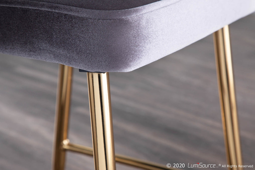 Marcel 25" Fixed-Height Counter Stool - Set of 2 - Gold Metal, Silver Velvet