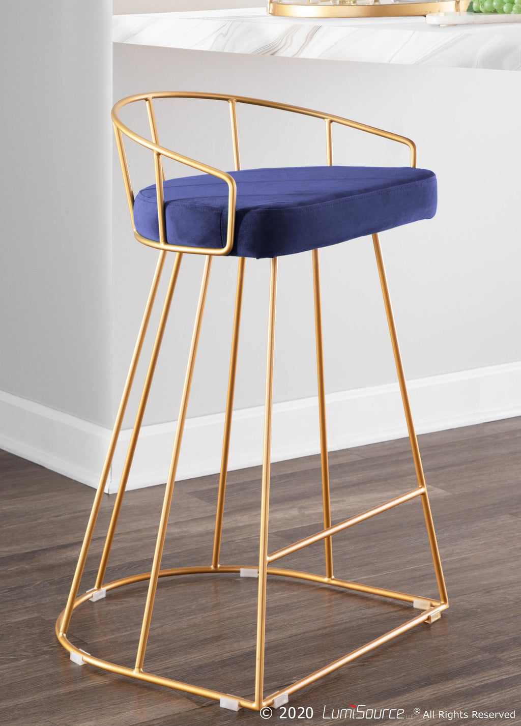 Canary Counter Stool - Set of 2 - Gold Metal, Royal Blue Velvet