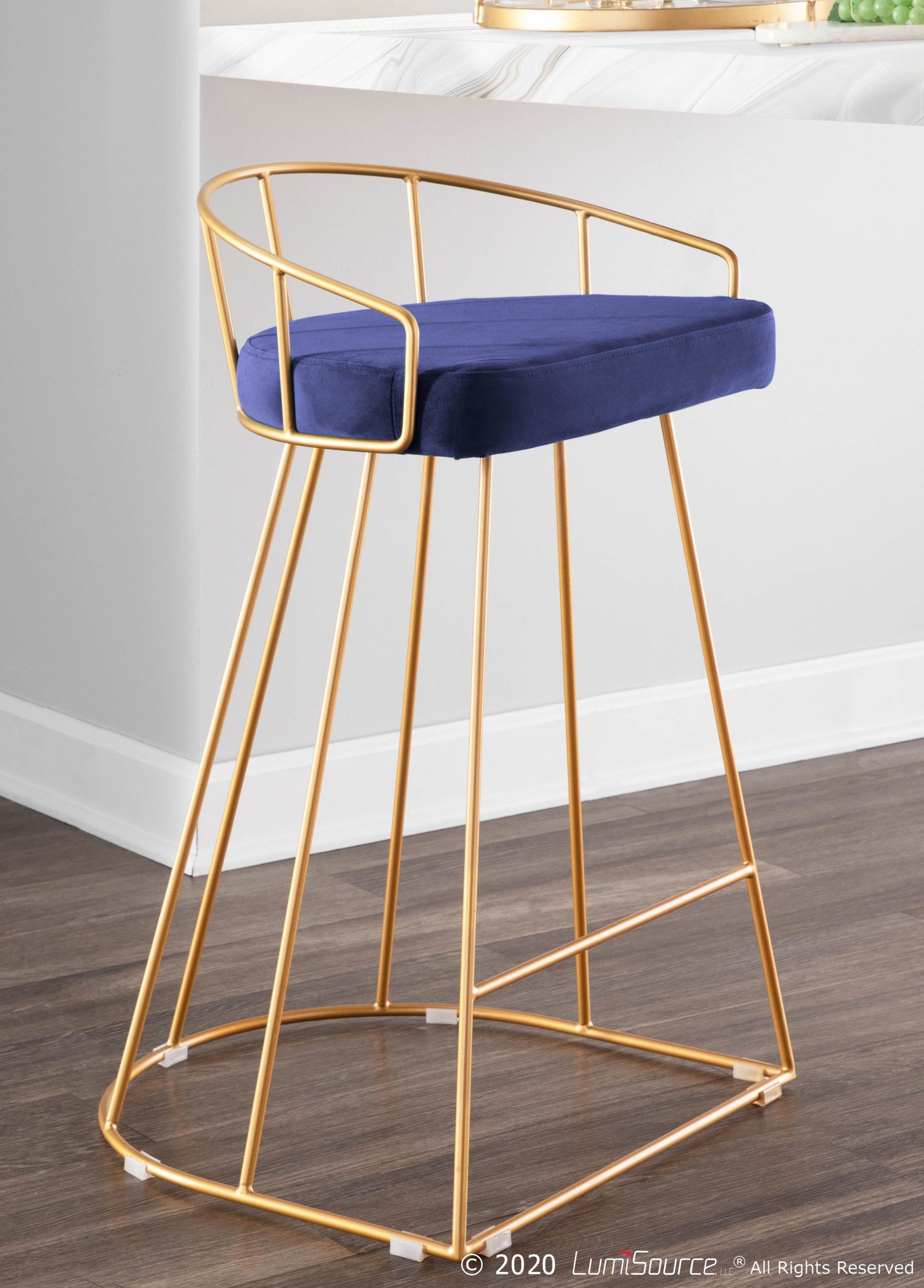 Canary Counter Stool - Set of 2 - Gold Metal, Royal Blue Velvet