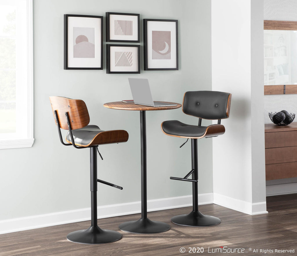 Lombardi Adjustable Barstool - Black Metal, Walnut Wood, Grey PU