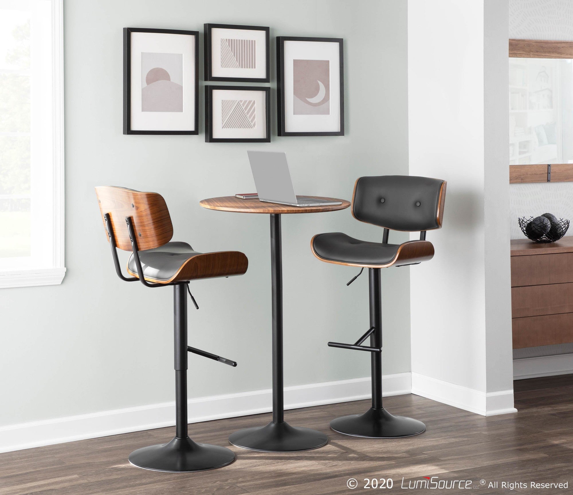 Lombardi Adjustable Barstool - Set of 2 - Black Metal, Walnut Wood, Grey PU