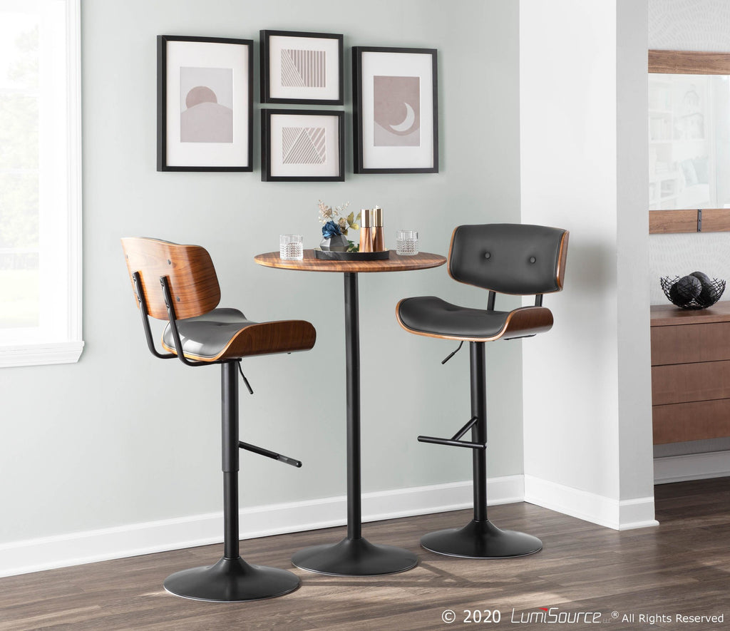 Lombardi Adjustable Barstool - Black Metal, Walnut Wood, Grey PU