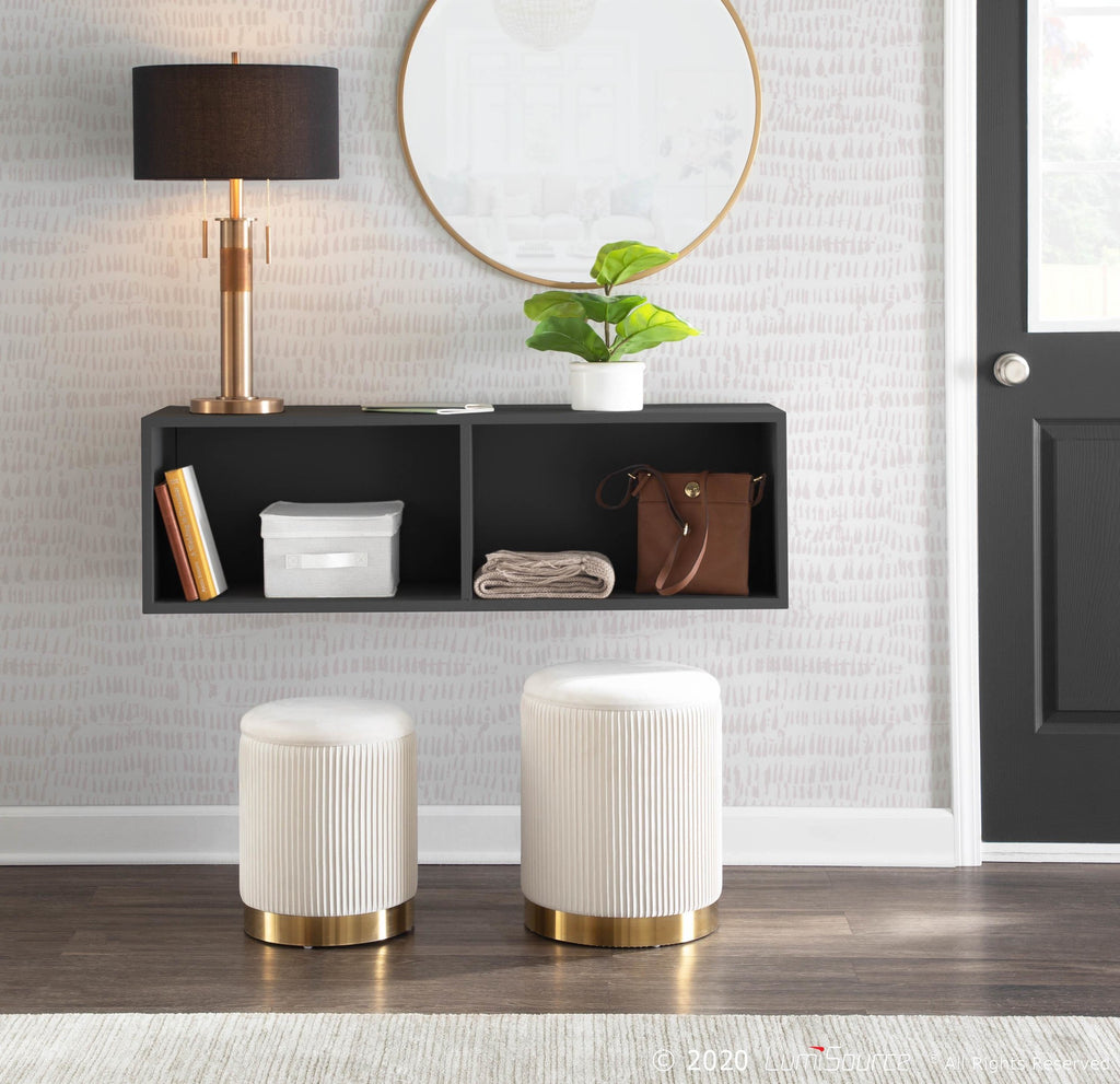 Marla Nesting Pleated Ottoman Set - Gold Metal, Cream Velvet