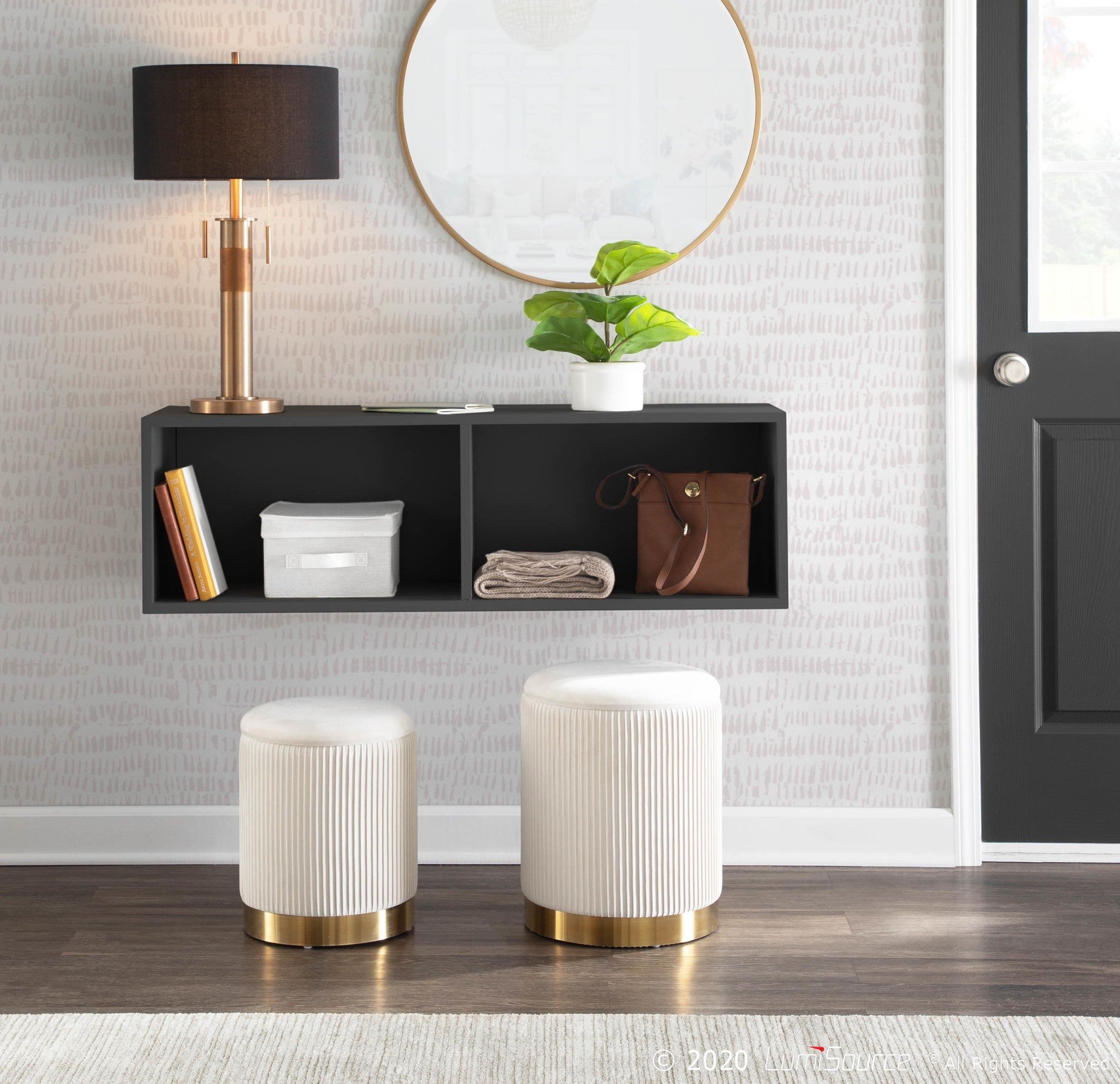 Marla Nesting Pleated Ottoman Set - Gold Metal, Cream Velvet