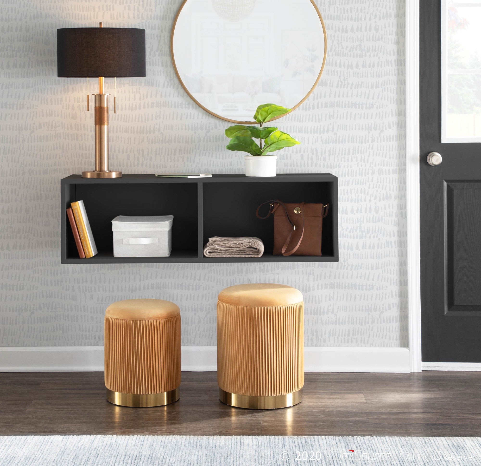 Marla Nesting Pleated Ottoman Set - Gold Metal, Orange Velvet