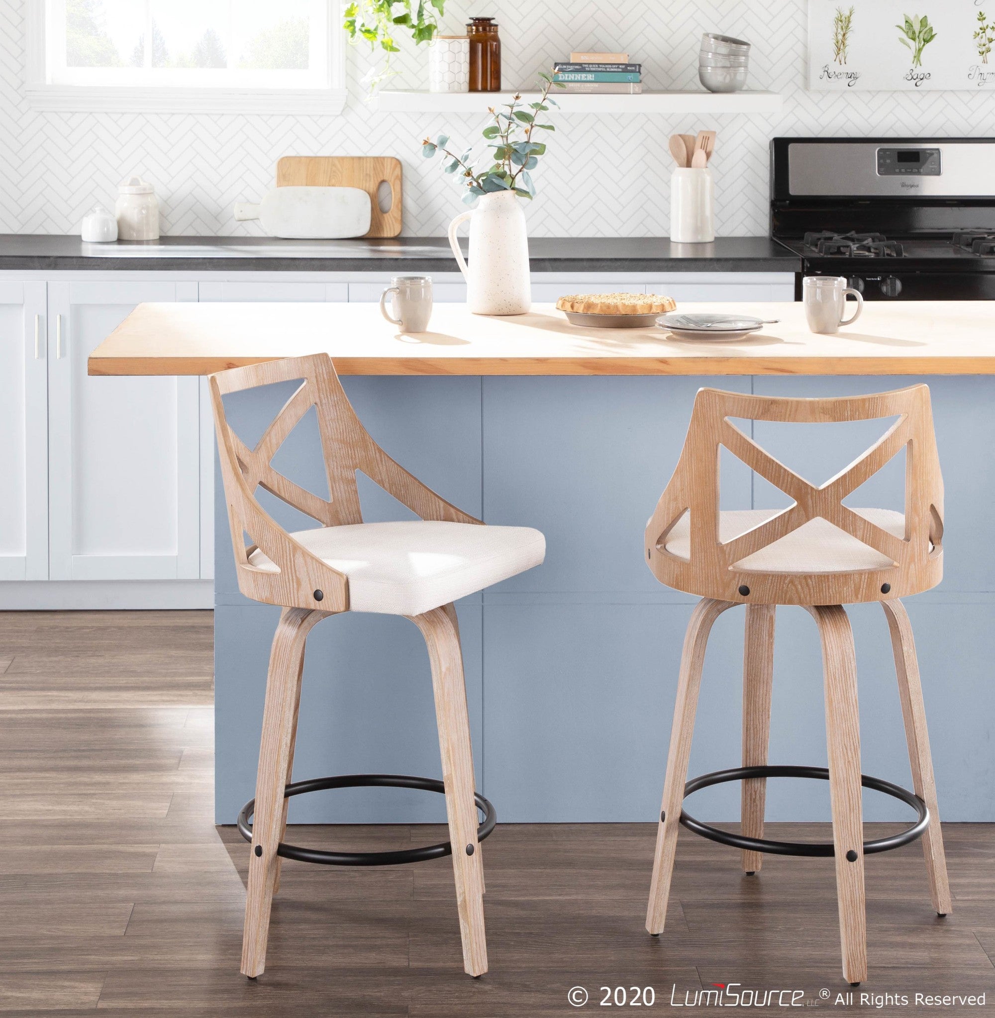 Charlotte 26" Fixed-Height Counter Stool - Set of 2 - Whitewashed Wood, Black Metal, Cream Fabric