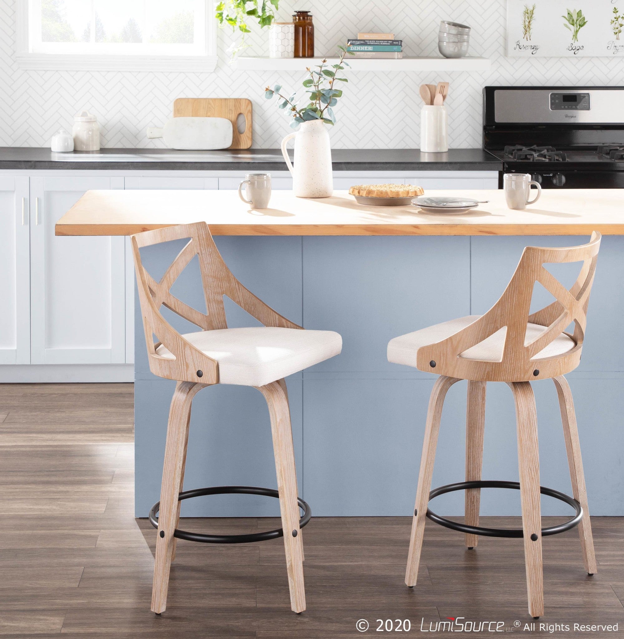 Charlotte 26" Fixed-Height Counter Stool - Set of 2 - Whitewashed Wood, Black Metal, Cream Fabric