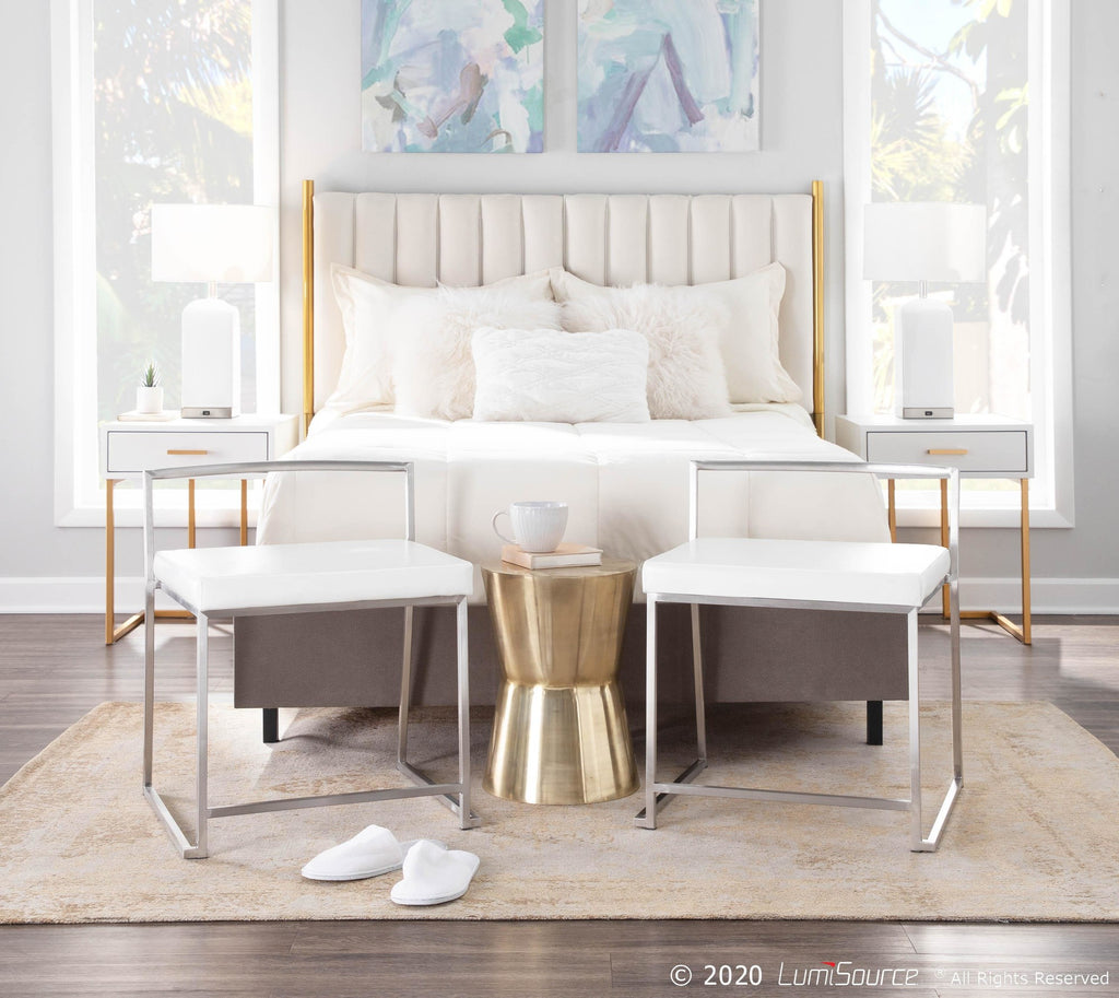 Fuji Dining Chair - Set of 2 - Brushed Stainless Steel, White PU