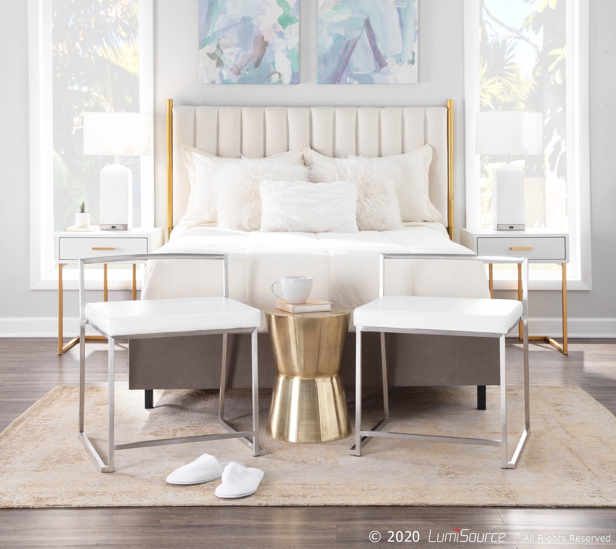 Fuji Dining Chair - Set of 2 - Brushed Stainless Steel, White PU