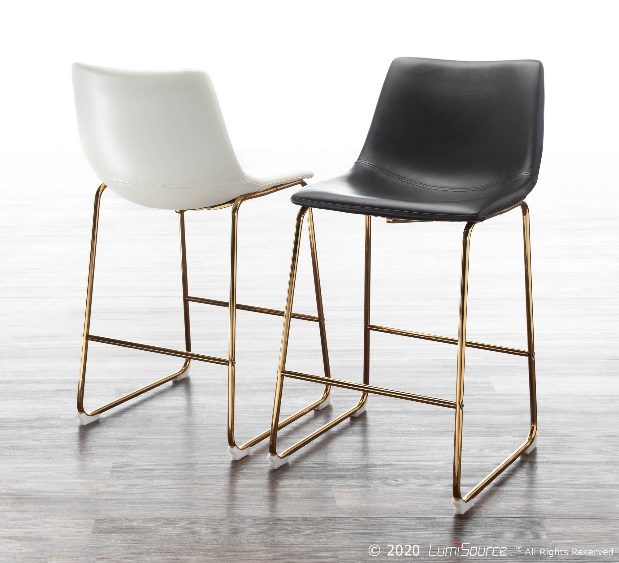 Duke 26" Fixed-Height Counter Stool - Set of 2 - Gold Metal, Black PU