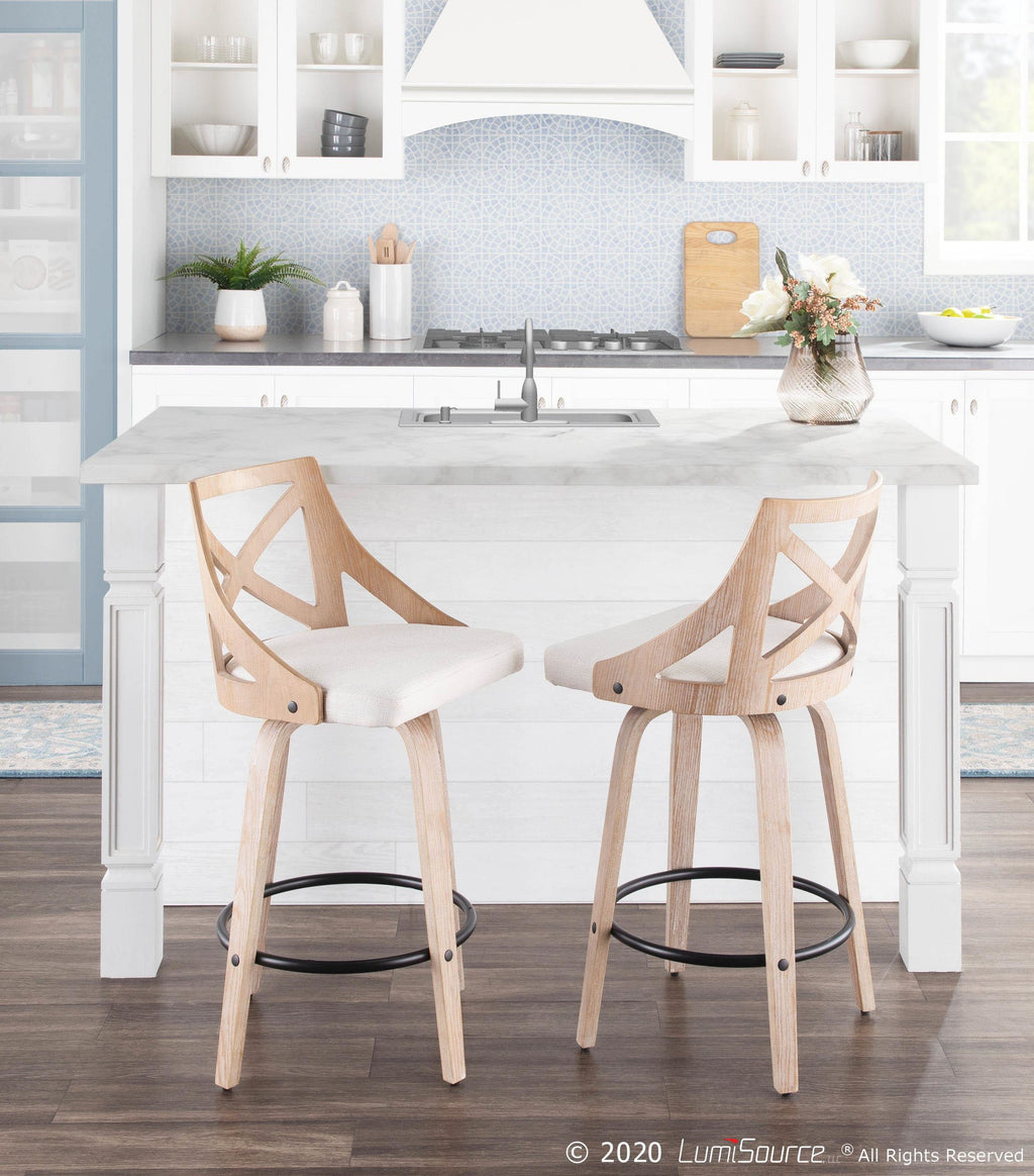 Charlotte 26" Fixed-Height Counter Stool - Set of 2 - Whitewashed Wood, Black Metal, Cream Fabric