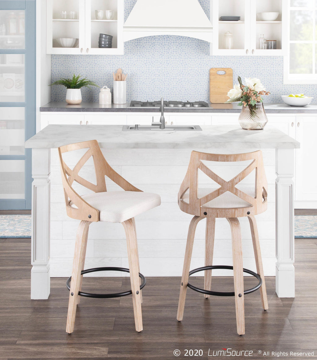 Charlotte 26" Fixed-Height Counter Stool - Set of 2 - Whitewashed Wood, Black Metal, Cream Fabric
