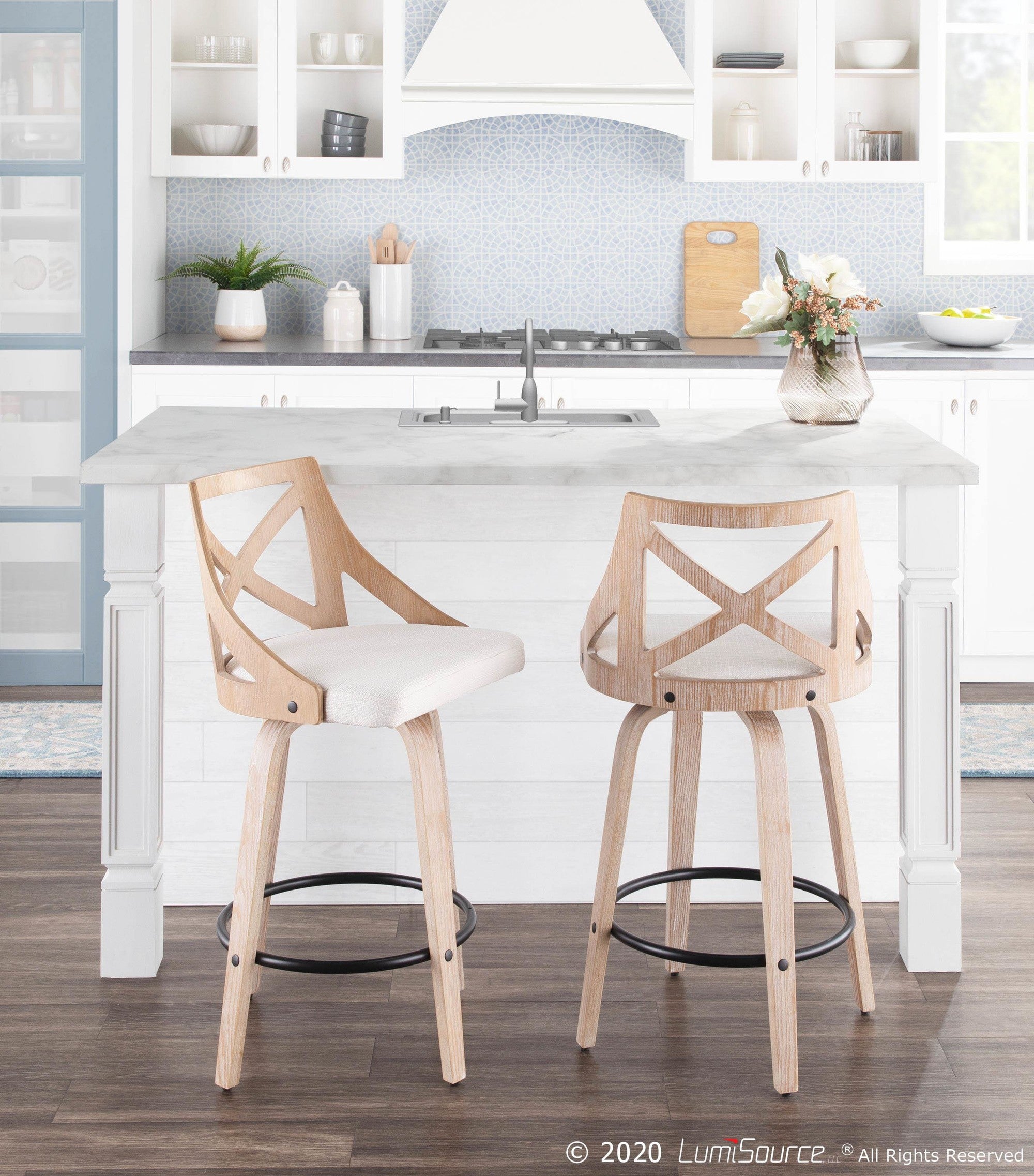 Charlotte 26" Fixed-Height Counter Stool - Set of 2 - Whitewashed Wood, Black Metal, Cream Fabric