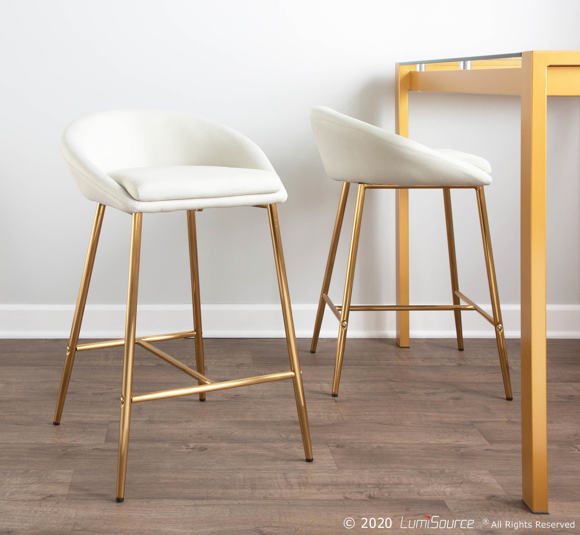 Matisse 26" Fixed-Height Counter Stool - Set of 2 - Gold Metal, Cream Fabric