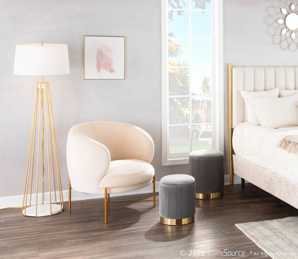 Marla Nesting Pleated Ottoman Set - Gold Metal, Grey Velvet