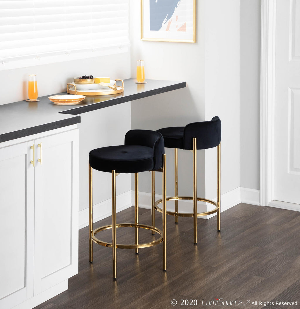 Chloe 26" Fixed-Height Counter Stool - Set of 2 - Gold Metal, Black Velvet