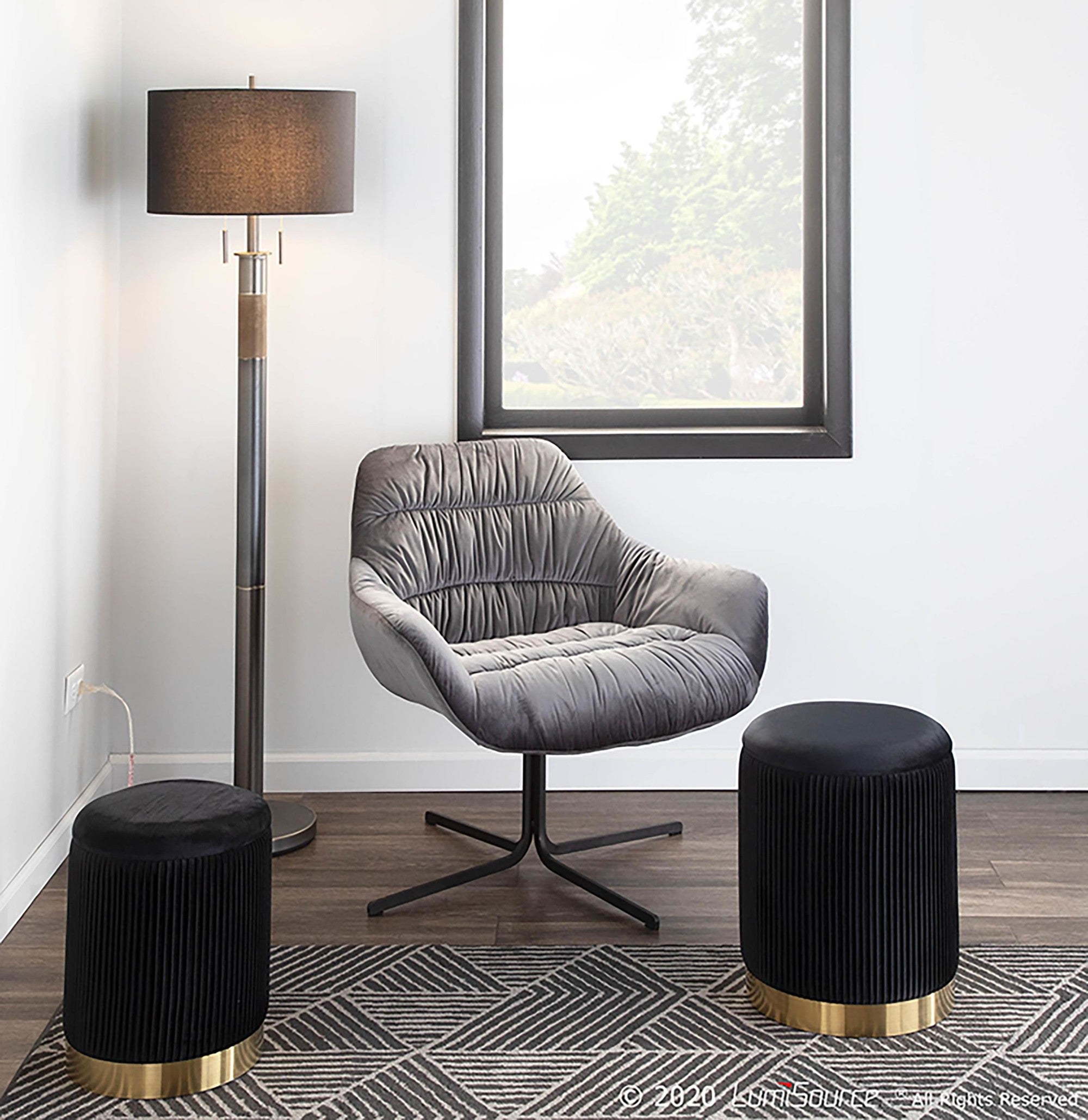 Wayne Swivel Lounge Chair - Black Metal, Grey Velvet