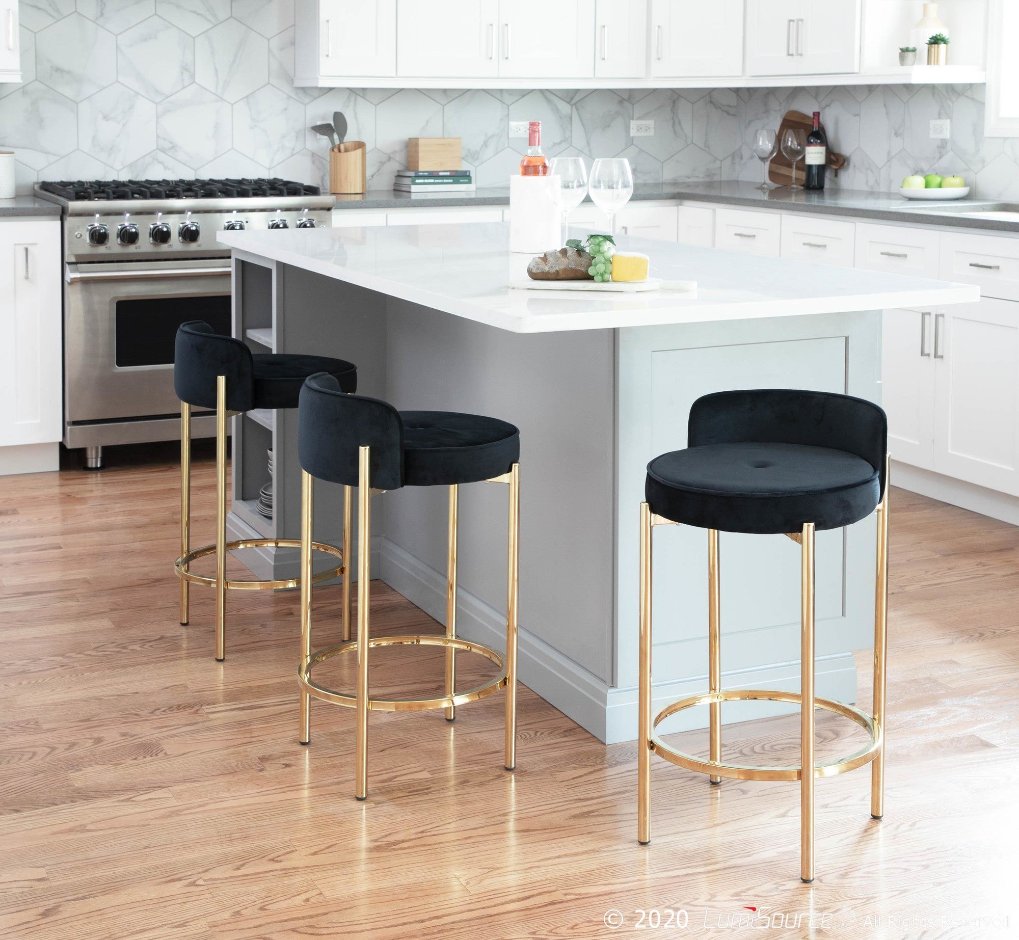 Chloe 26" Fixed-Height Counter Stool - Set of 2 - Gold Metal, Black Velvet