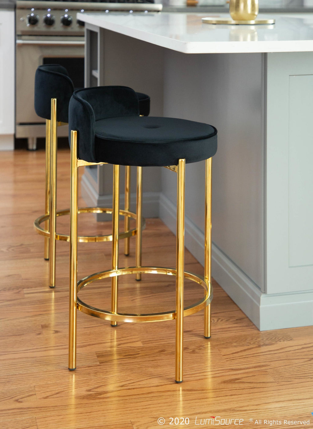 Chloe 26" Fixed-Height Counter Stool - Set of 2 - Gold Metal, Black Velvet