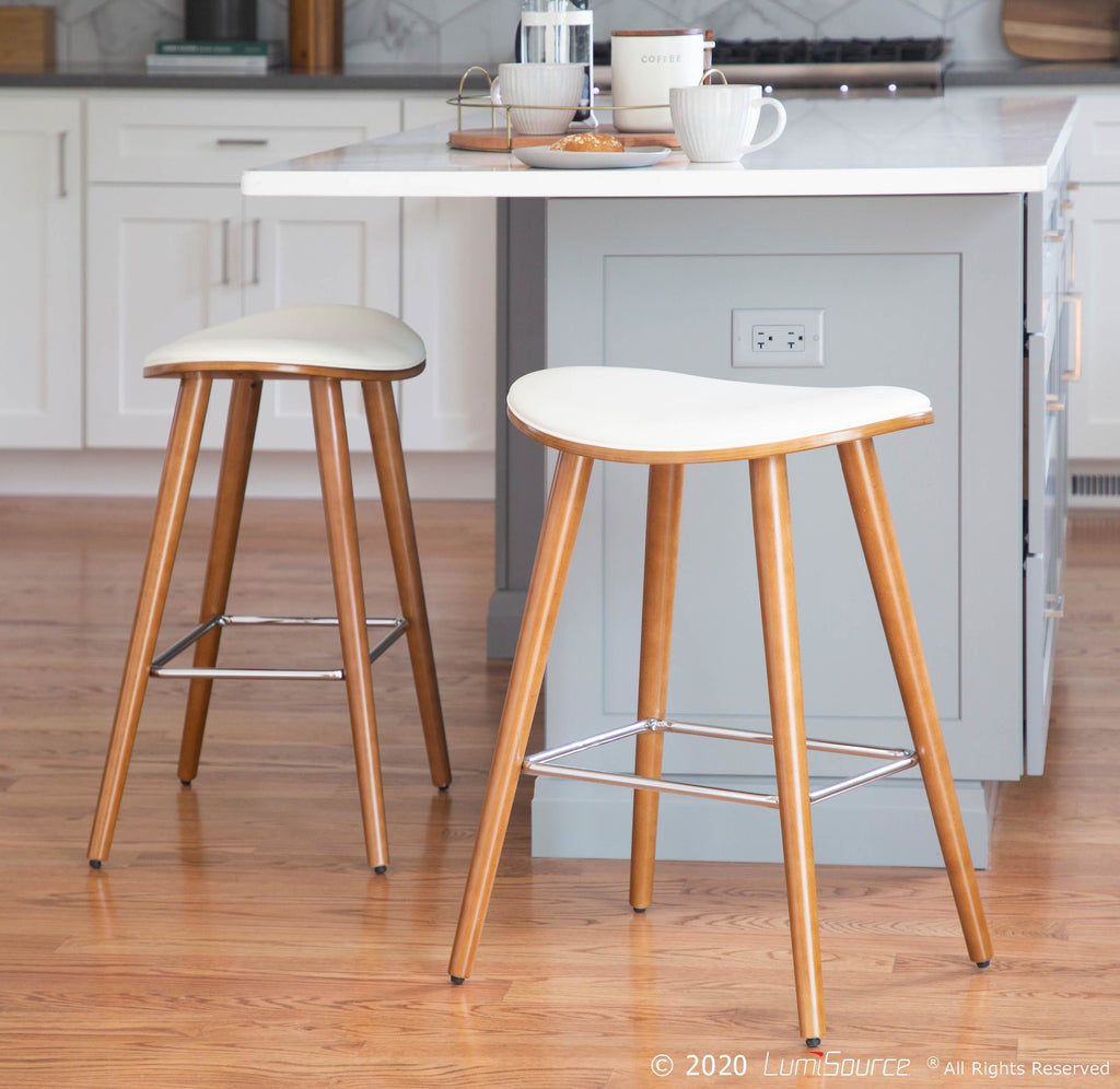 Saddle 26" Fixed-Height Counter Stool - Set of 2 - Walnut Wood, White PU, Chrome
