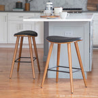 Saddle 26" Fixed-Height Counter Stool - Set of 2 - Walnut Wood, Black PU, Black Metal