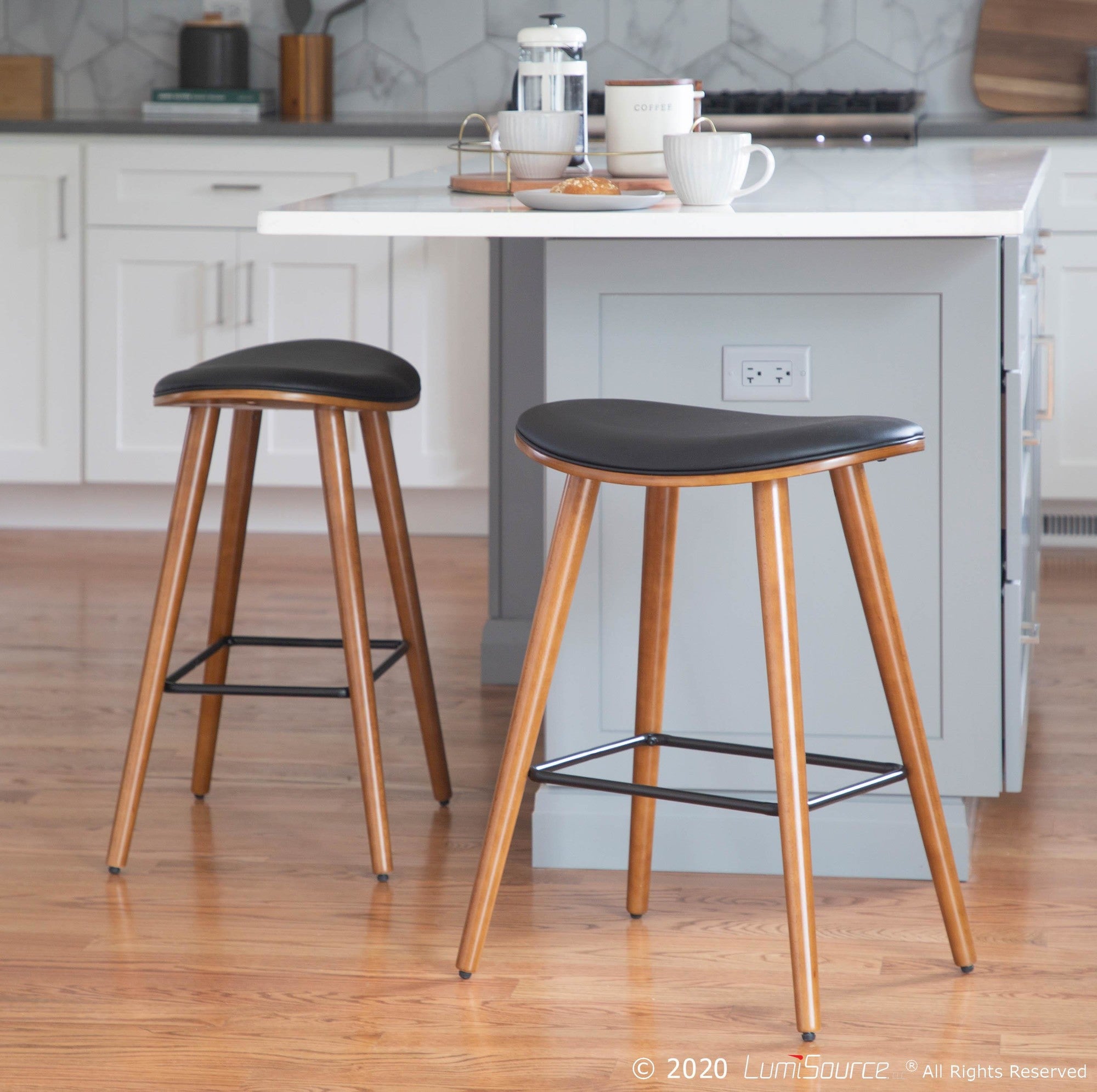 Saddle 26" Fixed-Height Counter Stool - Set of 2 - Walnut Wood, Black PU, Black Metal