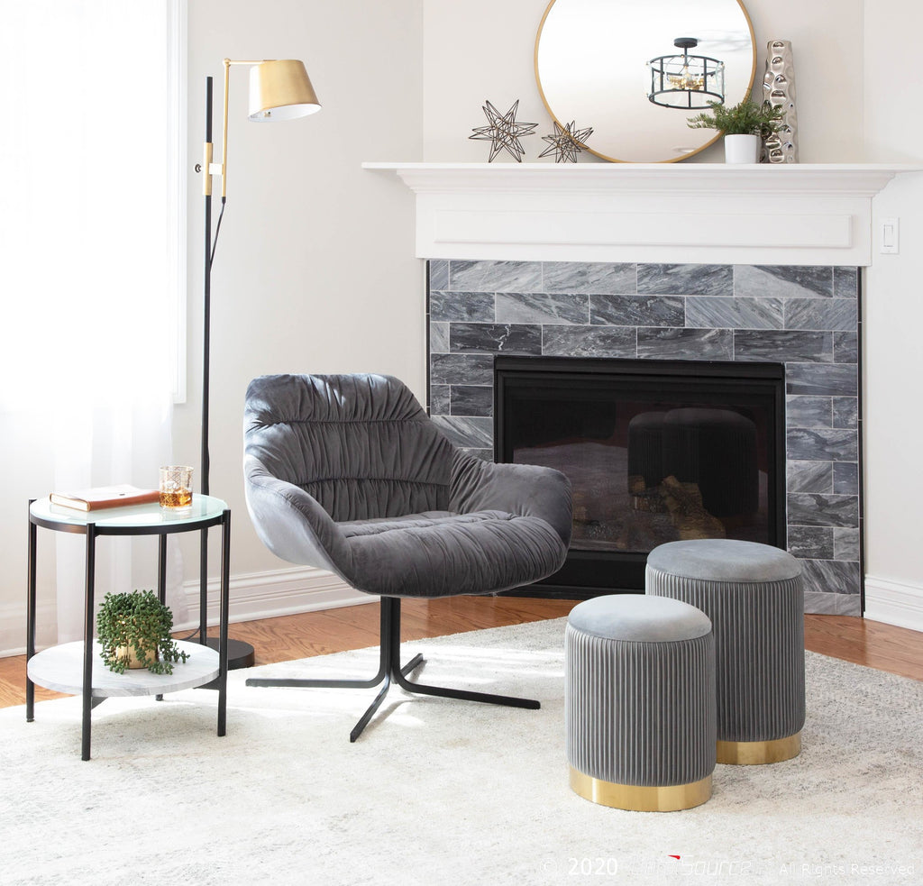 Marla Nesting Pleated Ottoman Set - Gold Metal, Grey Velvet