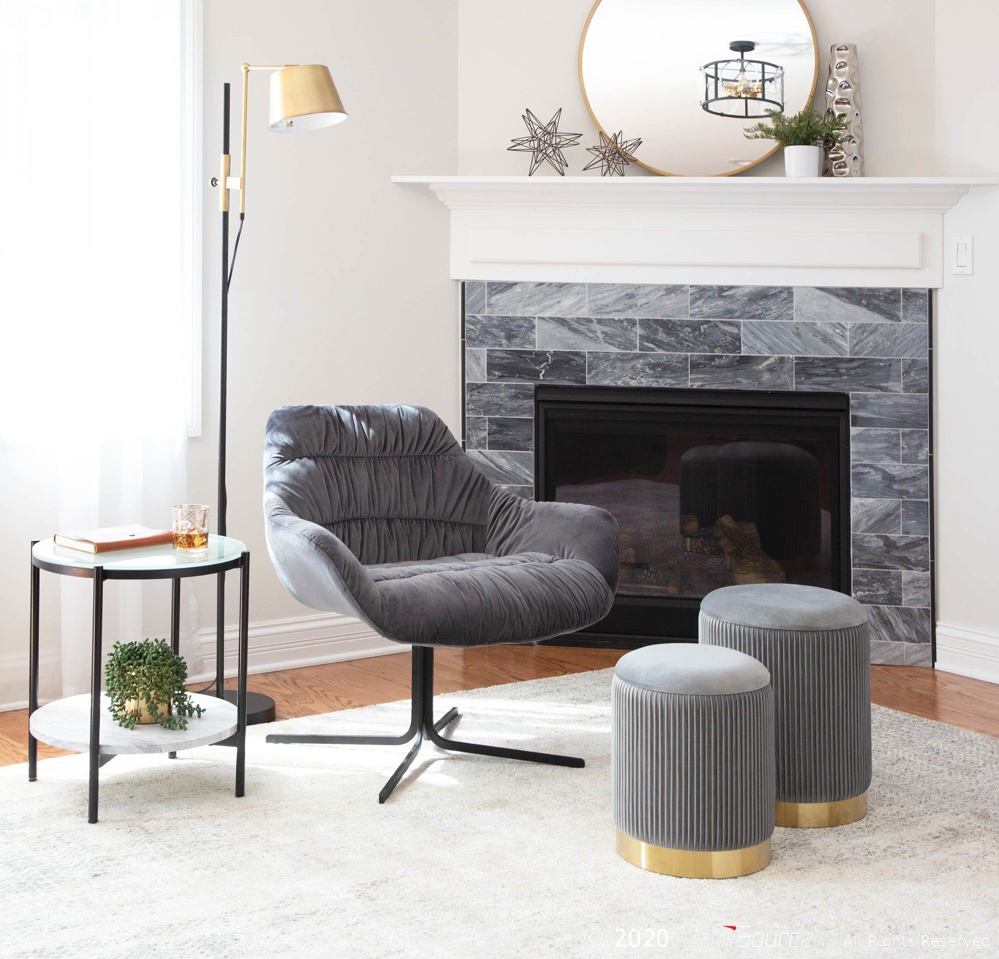 Marla Nesting Pleated Ottoman Set - Gold Metal, Grey Velvet