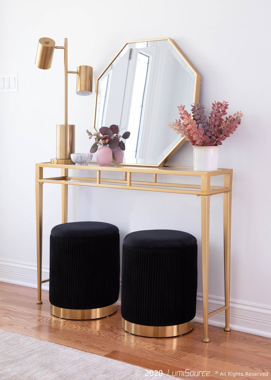 Marla Nesting Pleated Ottoman Set - Gold Metal, Black Velvet