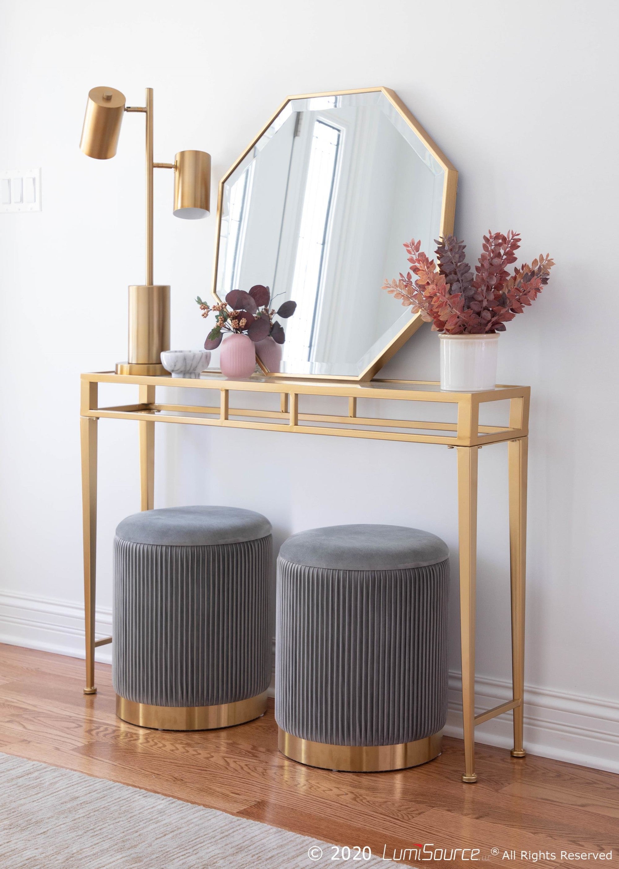 Marla Nesting Pleated Ottoman Set - Gold Metal, Grey Velvet