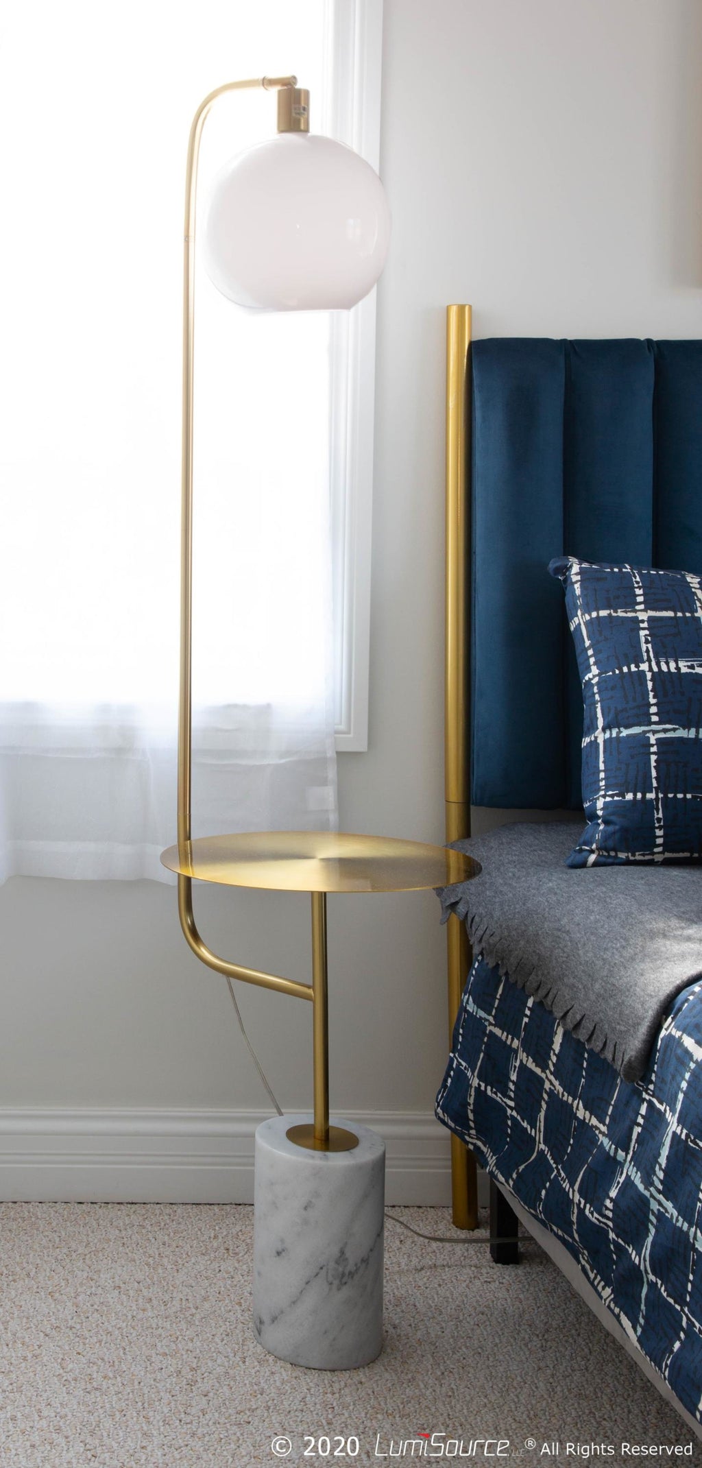 Symbol Floor Lamp With Side Table - White Marble, Gold Metal, White Shade