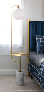 Symbol Floor Lamp With Side Table - White Marble, Gold Metal, White Shade