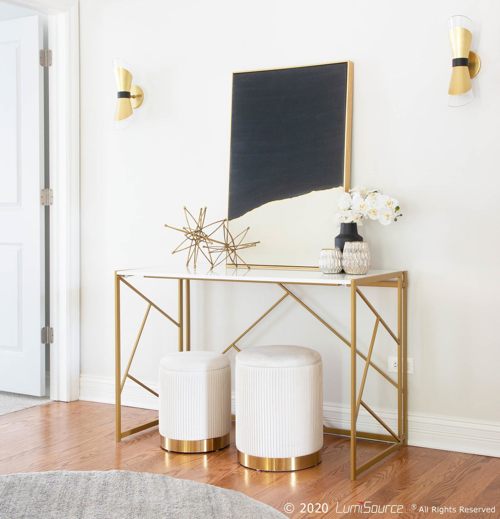 Marla Nesting Pleated Ottoman Set - Gold Metal, Cream Velvet