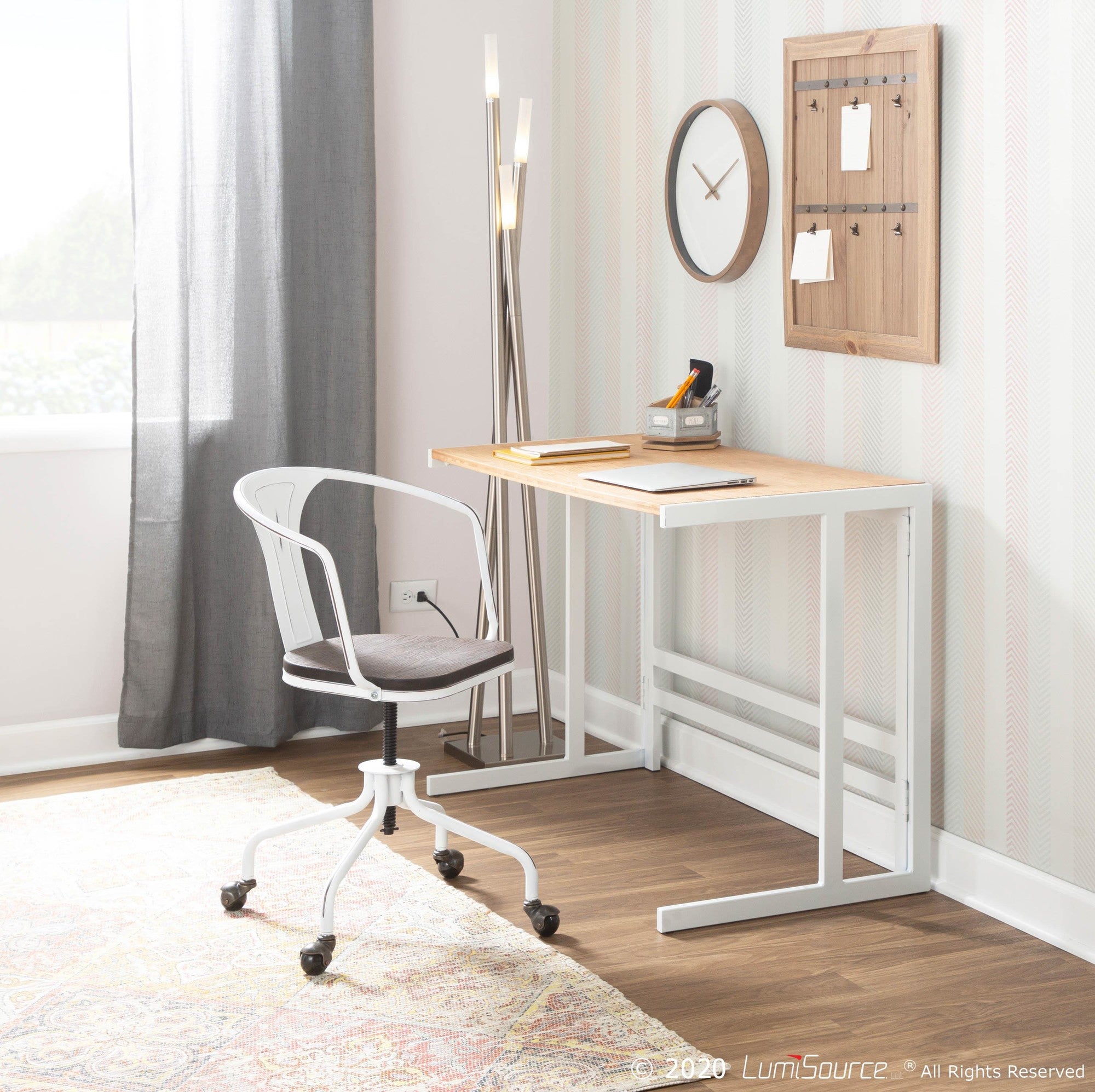 Roman Office Desk - White Metal, Natural Bamboo
