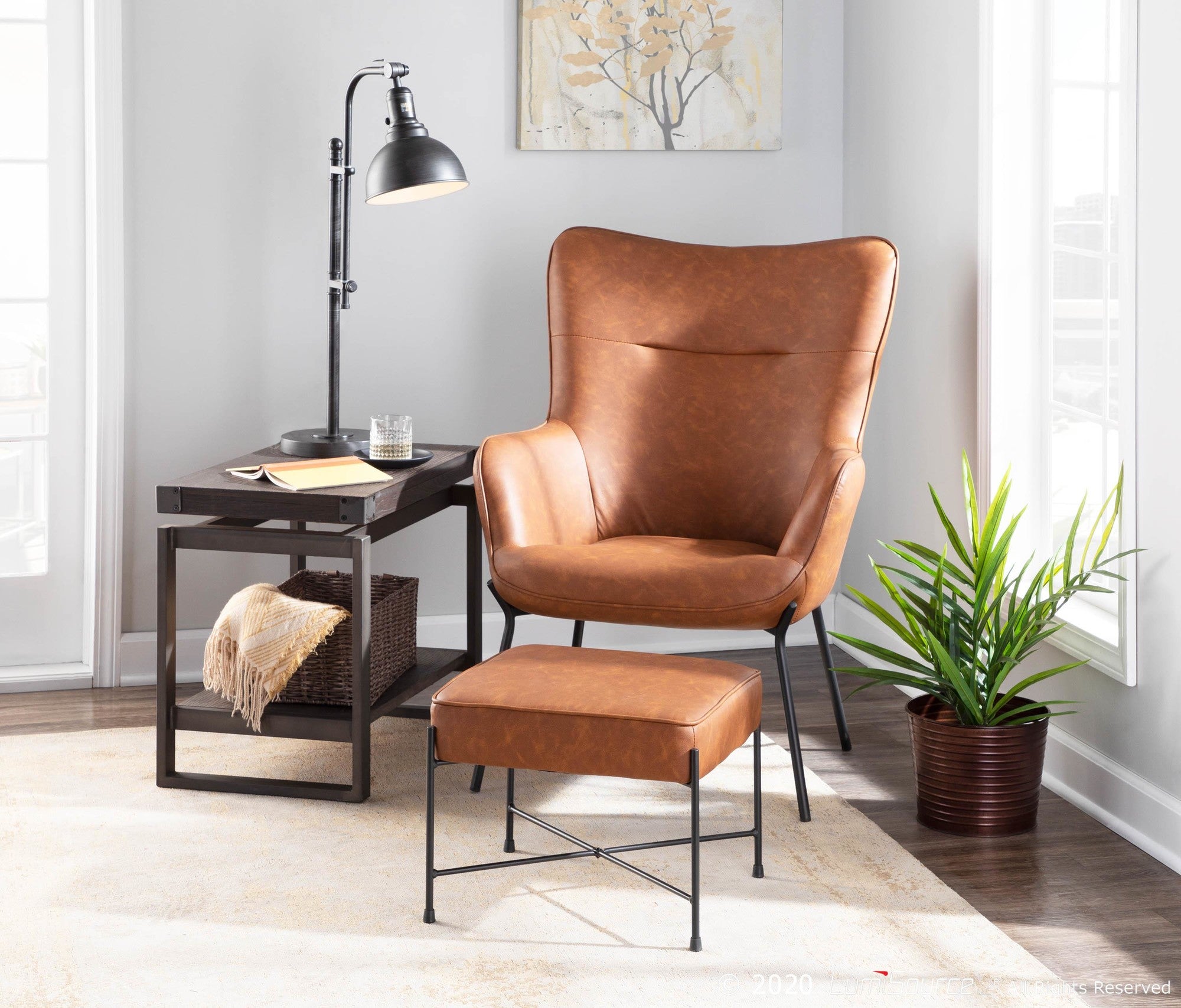 Izzy Lounge Chair + Ottoman Set - Black Metal, Camel PU