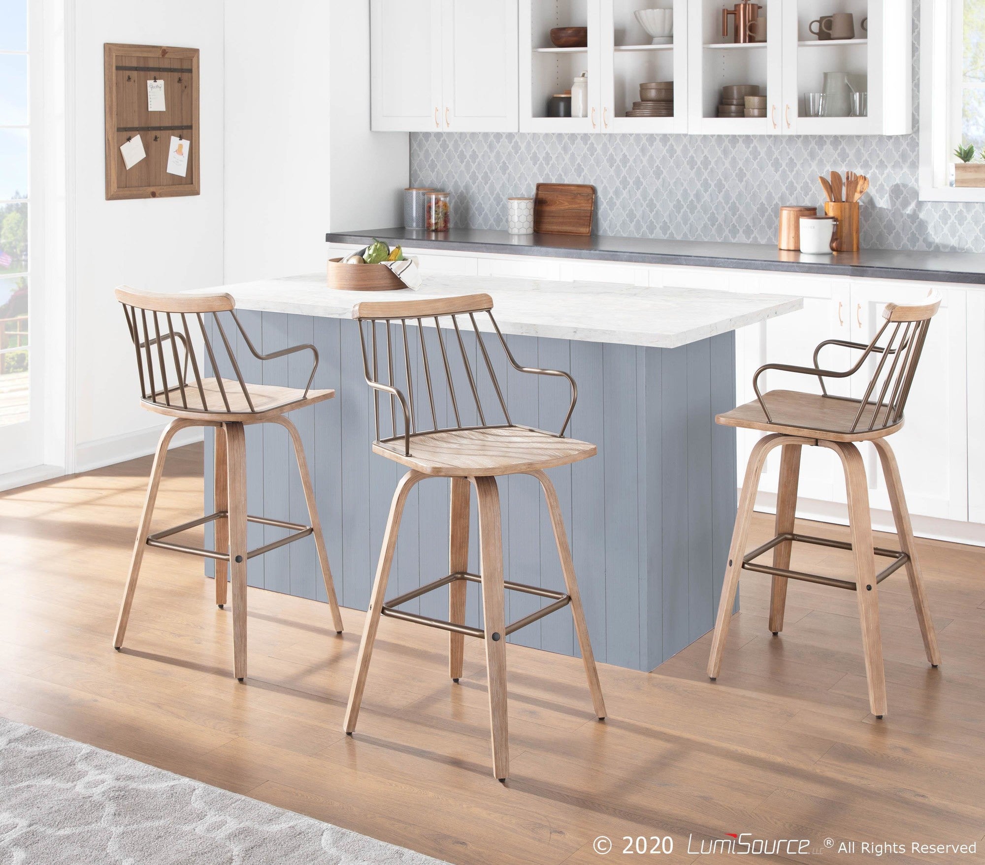 Preston 26" Fixed-Height Counter Stool - Whitewashed Wood, Antique Copper Metal