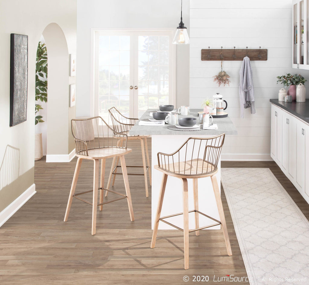 Winston 26" Fixed-Height Counter Stool - Whitewashed Wood, Antique Copper Metal